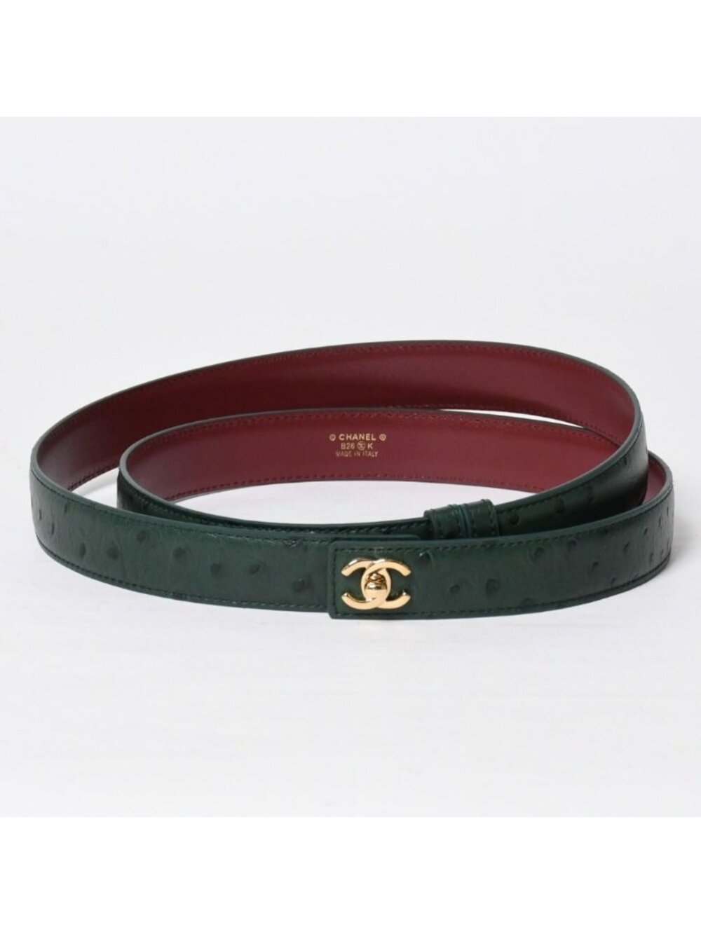 Chanel Leather Belt Stamp CC Logo Calfskin Dark Green Embossed